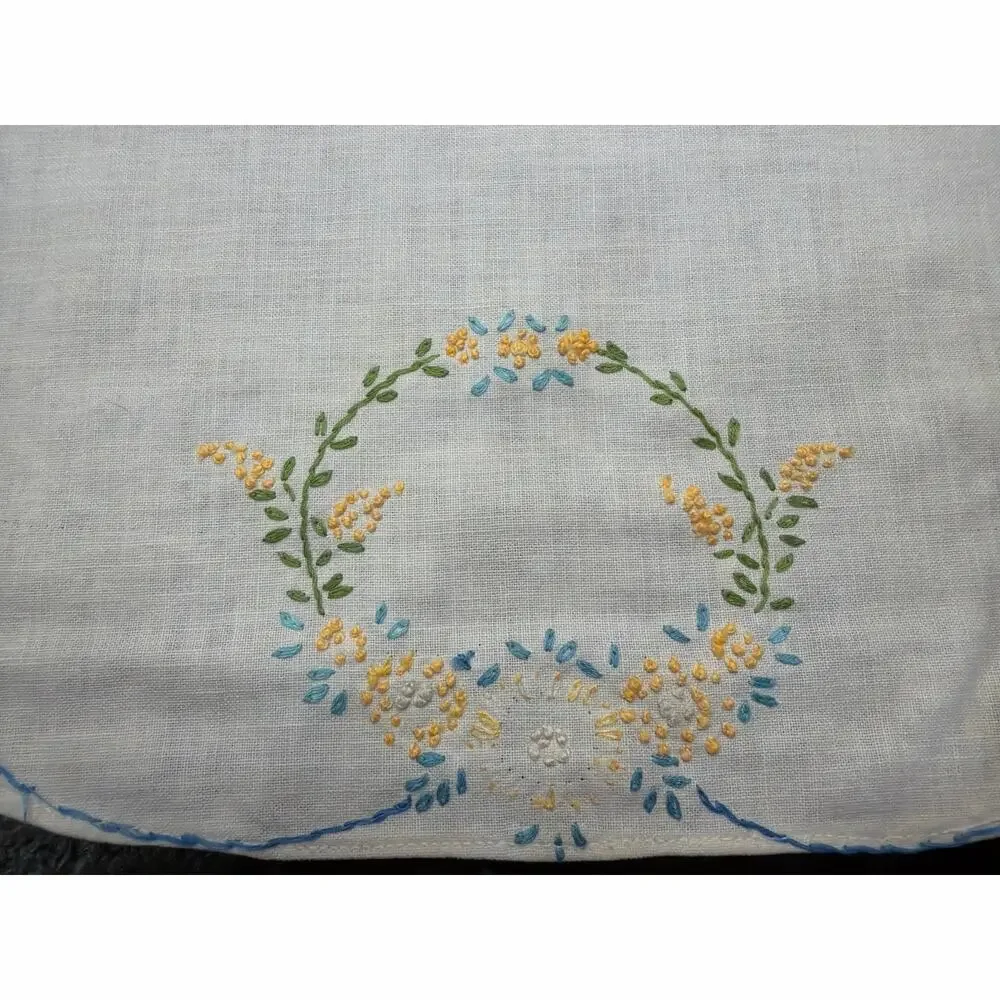 Vintage White Linen Table Runner Hand Embroidered Blue Yellow Floral Wreath